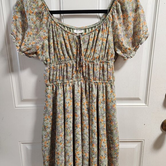 Self-Esteem Juniors' Short-Sleeve Peasant Mini Dress - Fresh Sage - Picture 2 of 6